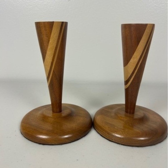 Vintage Mid Century Modern Inlaid Wood Taper Candlestick Holders Set of 2 MCM - Picture 2 of 11